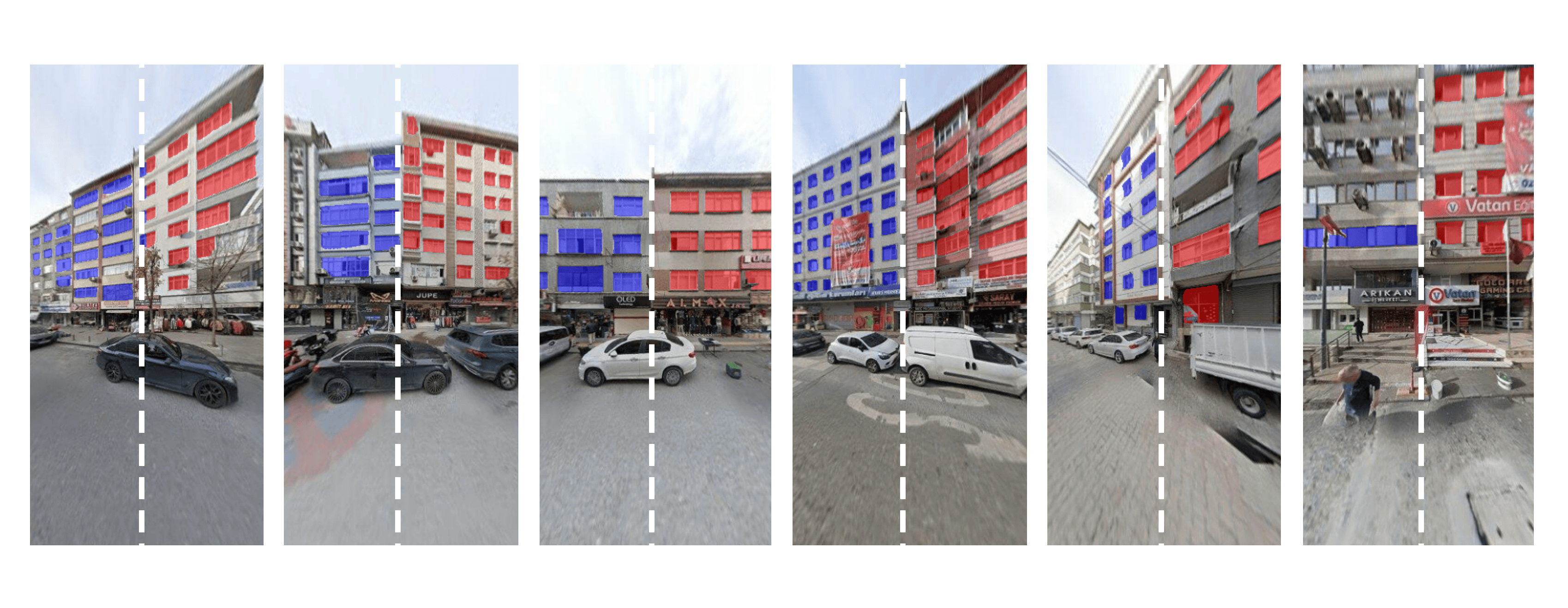 Windows from both sides of the adjacency line are (mostly) segmented for processing.